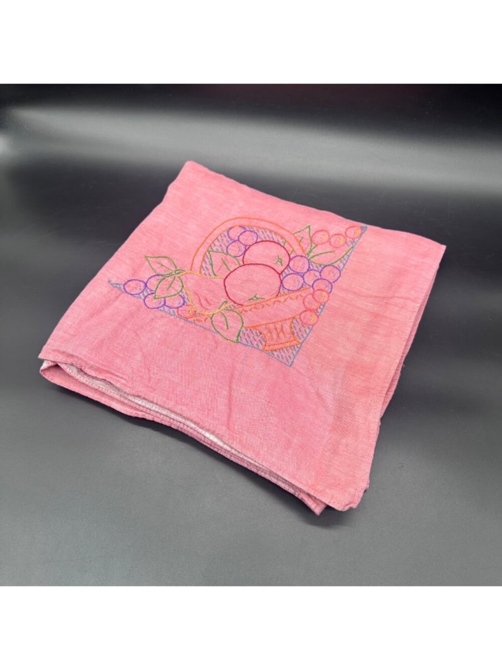Vintage Tablecloth Colorful Embroidered Fruit Basket Mid Century Kitschy Cotton